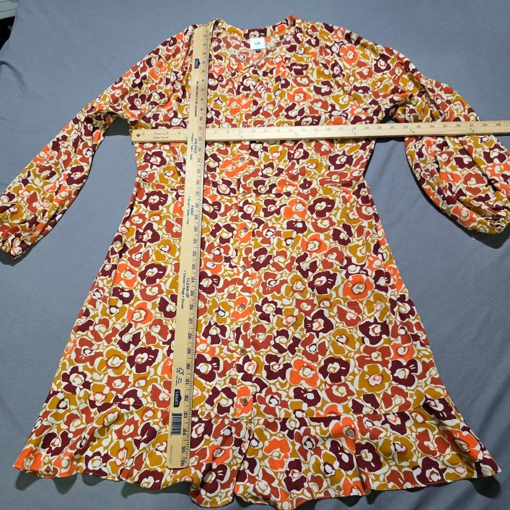 Cabi Button Front Dress Women L Orange Floral Ruffle Hem Balloon Sleeve 4238